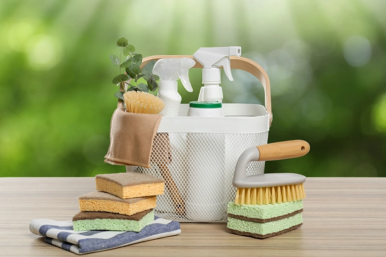 Un panier de nettoyage avec des produits et brosses dedans