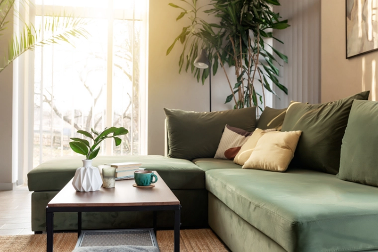 L’équilibre visuel : le rôle des plantes dans la composition d’un décor avec un sofa et des plantes autour de celui-ci.